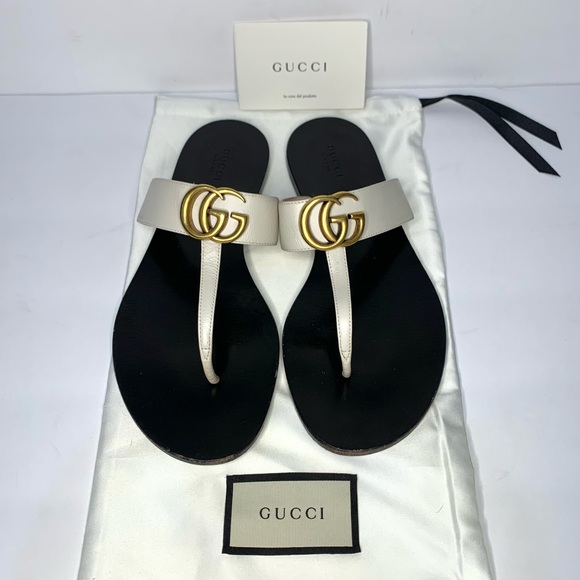 Gucci Shoes - Gucci Marmont Leather T Strap Sandal Double G Mystic White Size 38.5 US 8.5